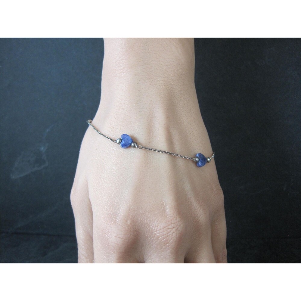 Dainty Vintage Sodalite Heart Bracelet Sterling Silver 7.5"
